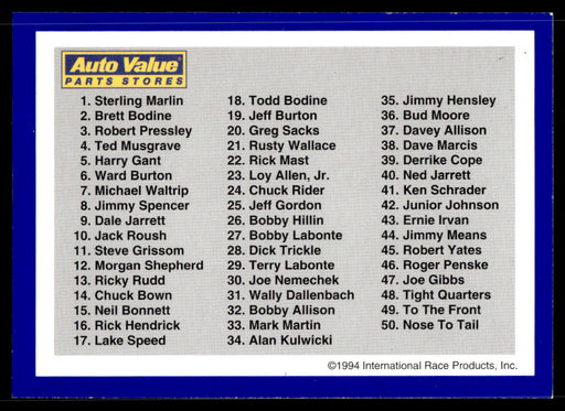 Checklist 1994 Traks Auto Value Parts Stores Collector Cards Base Back of Card