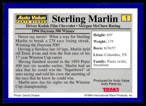 Sterling Marlin 1994 Traks Auto Value Parts Stores Collector Cards Base Back of Card