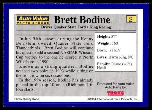Brett Bodine 1994 Traks Auto Value Parts Stores Collector Cards Base Back of Card