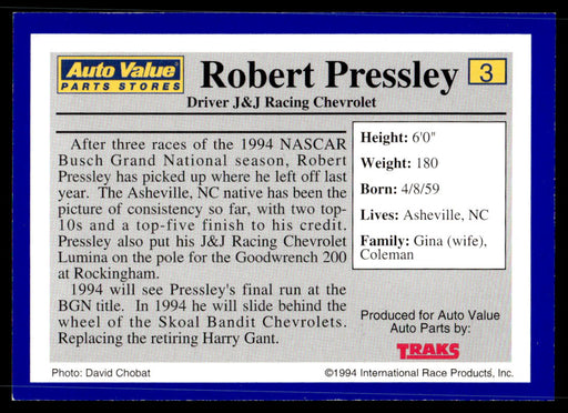 Robert Pressley 1994 Traks Auto Value Parts Stores Collector Cards Base Back of Card