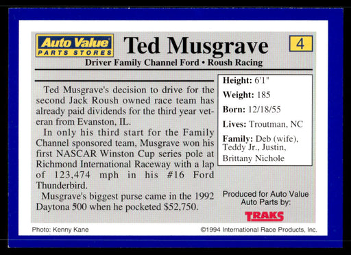 Ted Musgrave 1994 Traks Auto Value Parts Stores Collector Cards Base Back of Card