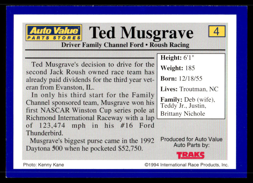 Ted Musgrave 1994 Traks Auto Value Parts Stores Collector Cards Base Back of Card