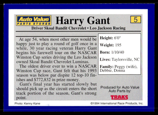 Harry Gant 1994 Traks Auto Value Parts Stores Collector Cards Base Back of Card