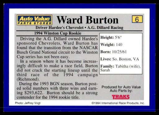 Ward Burton 1994 Traks Auto Value Parts Stores Collector Cards Base Back of Card