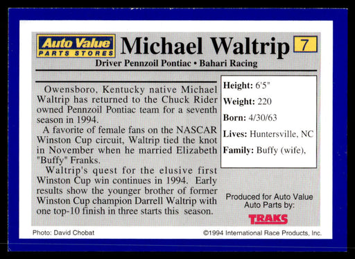 Michael Waltrip 1994 Traks Auto Value Parts Stores Collector Cards Base Back of Card