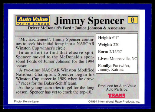 Jimmy Spencer 1994 Traks Auto Value Parts Stores Collector Cards Base Back of Card