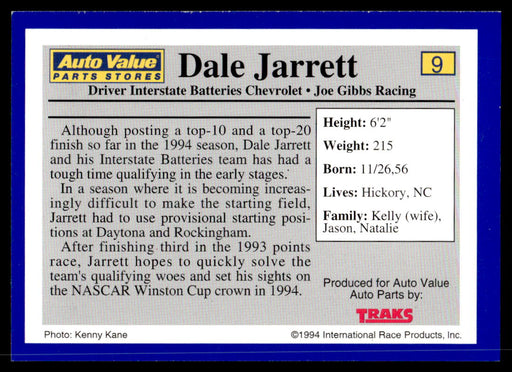 Dale Jarrett 1994 Traks Auto Value Parts Stores Collector Cards Base Back of Card