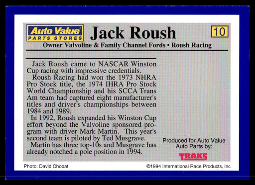 Jack Roush 1994 Traks Auto Value Parts Stores Collector Cards Base Back of Card