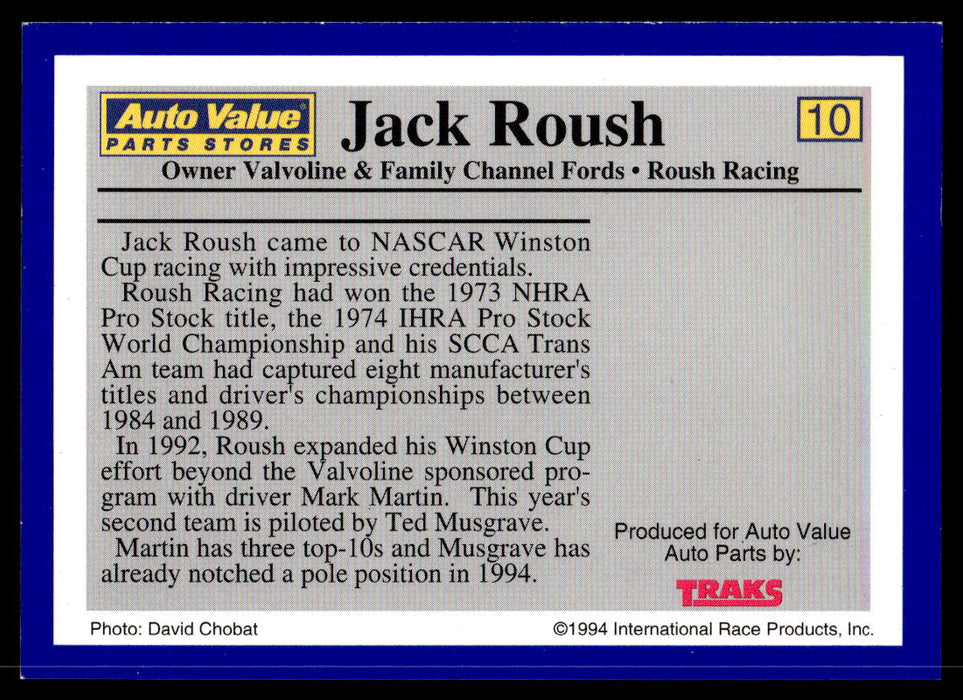 Jack Roush 1994 Traks Auto Value Parts Stores Collector Cards Base Back of Card