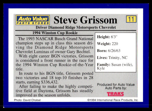 Steve Grissom 1994 Traks Auto Value Parts Stores Collector Cards Base Back of Card