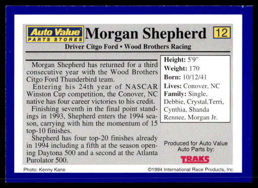 Morgan Shepherd 1994 Traks Auto Value Parts Stores Collector Cards Base Back of Card