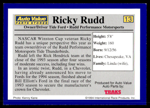 Ricky Rudd 1994 Traks Auto Value Parts Stores Collector Cards Base Back of Card