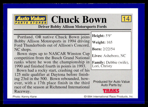 Chuck Bown 1994 Traks Auto Value Parts Stores Collector Cards Base Back of Card
