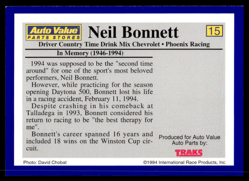 Neil Bonnett 1994 Traks Auto Value Parts Stores Collector Cards Base Back of Card