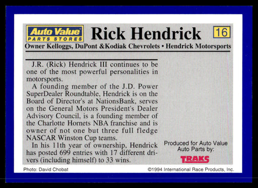 Rick Hendrick 1994 Traks Auto Value Parts Stores Collector Cards Base Back of Card