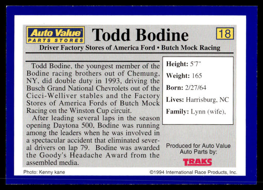 Todd Bodine 1994 Traks Auto Value Parts Stores Collector Cards Base Back of Card