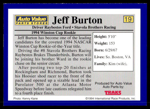 Jeff Burton 1994 Traks Auto Value Parts Stores Collector Cards Base Back of Card