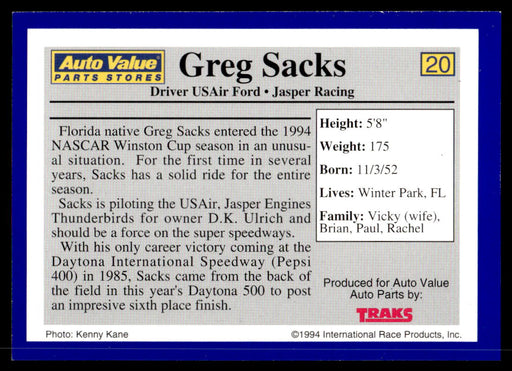 Greg Sacks 1994 Traks Auto Value Parts Stores Collector Cards Base Back of Card
