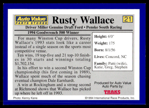 Rusty Wallace 1994 Traks Auto Value Parts Stores Collector Cards Base Back of Card