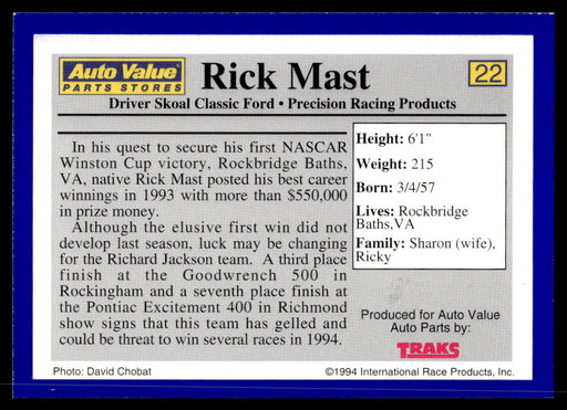 Rick Mast 1994 Traks Auto Value Parts Stores Collector Cards Base Back of Card