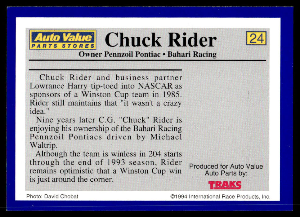 Chuck Rider 1994 Traks Auto Value Parts Stores Collector Cards Base Back of Card