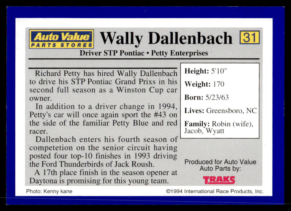 Wally Dallenbach 1994 Traks Auto Value Parts Stores Collector Cards Base Back of Card