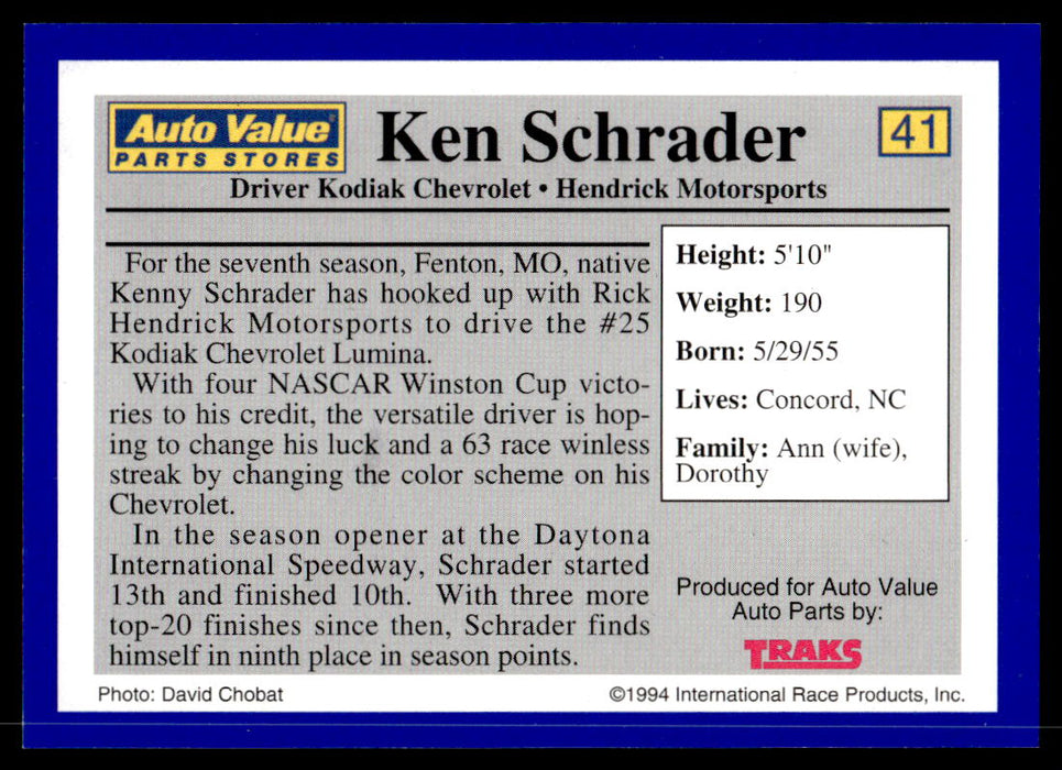 Ken Schrader 1994 Traks Auto Value Parts Stores Collector Cards Base Back of Card