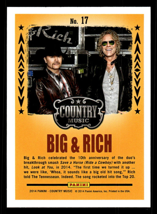 Big & Rich 2014 Panini Country Music Back of Card