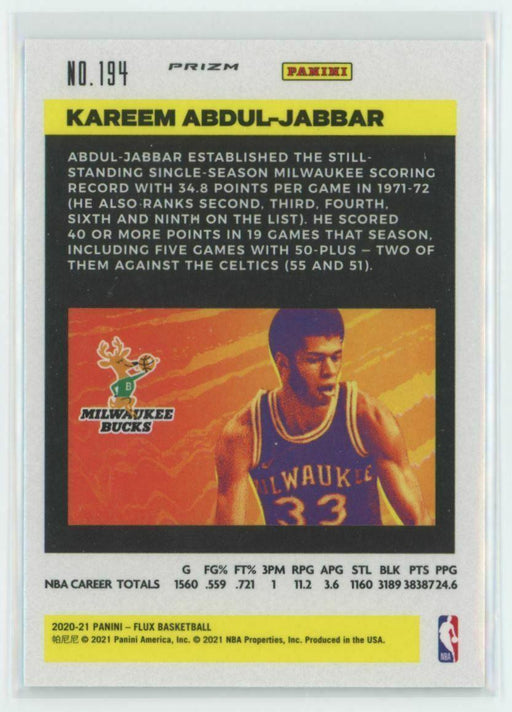 2020-21 Panini Flux #194 Kareem Abdul-Jabbar Milwaukee Bucks Laser Prizm - Collectible Craze America