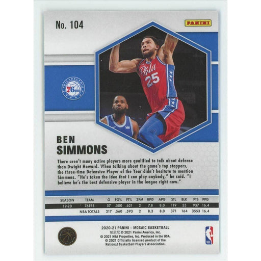 2020-21 Panini Mosaic Basketball #104 Ben Simmons Philadelphia 76ers - Collectible Craze America