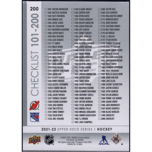 2020-21 UD Hockey Series 1 Jack Hughes New Jersey Devils #363 Checklist - Collectible Craze America