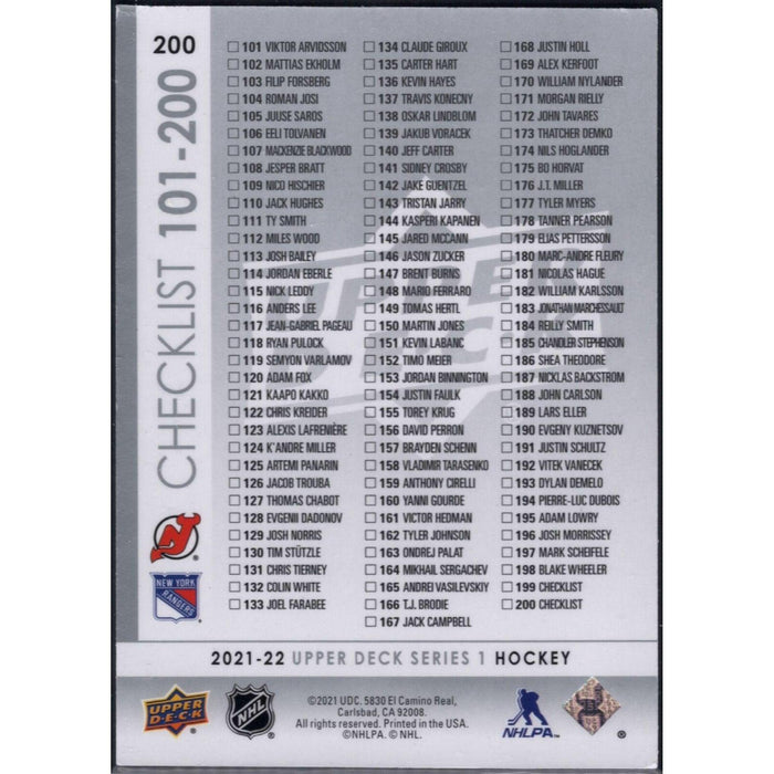 2020-21 UD Hockey Series 1 Jack Hughes New Jersey Devils #363 Checklist - Collectible Craze America