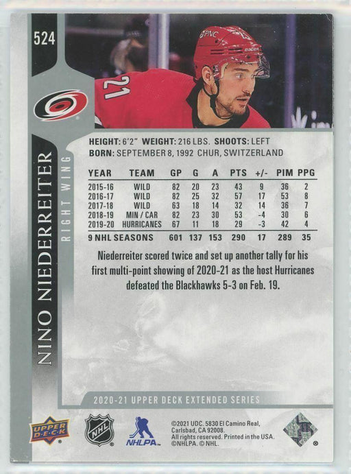 2020-21 Upper Deck #524 Nino Niederreiter Carolina Hurricanes - Collectible Craze America