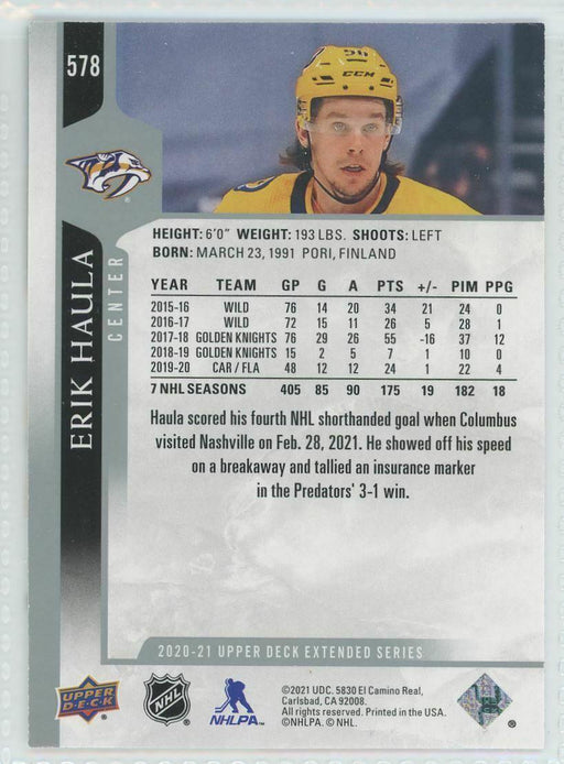 2020-21 Upper Deck #578 Erik Haula Nashville Predators - Collectible Craze America