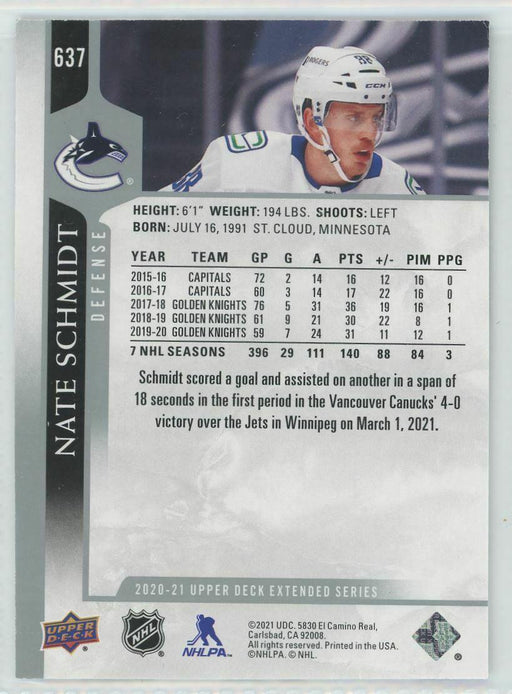 2020-21 Upper Deck #637 Nate Schmidt Vancouver Canucks - Collectible Craze America