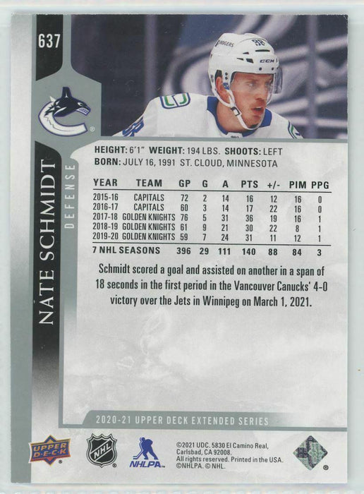 2020-21 Upper Deck #637 Nate Schmidt Vancouver Canucks - Collectible Craze America