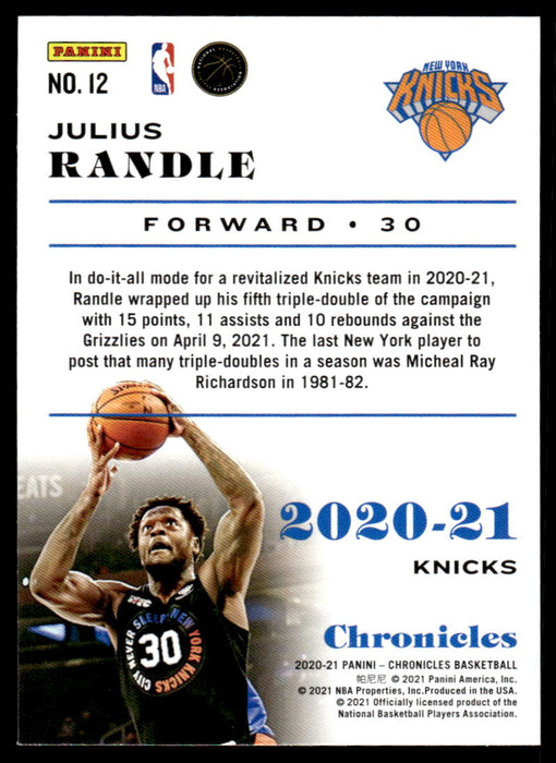 Julius Randle 2020 Panini Chronicles Basketball Green Back of Card