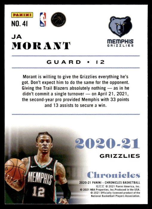 Ja Morant 2020 Panini Chronicles Basketball Green Back of Card