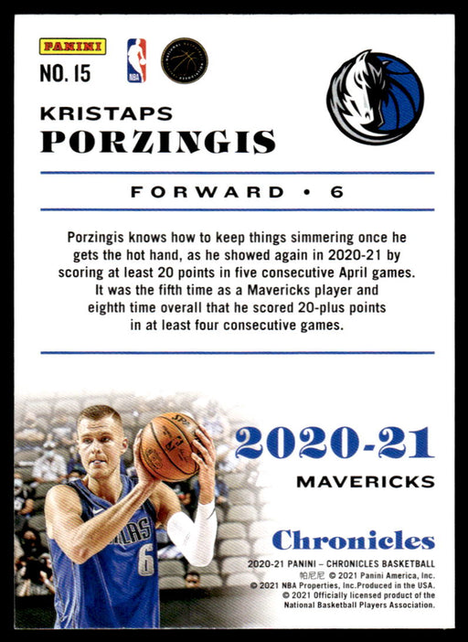 Kristaps Porzingis 2020 Panini Chronicles Basketball Chronicles Back of Card