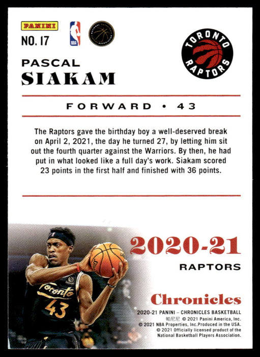 Pascal Siakam 2020 Panini Chronicles Basketball Chronicles Back of Card