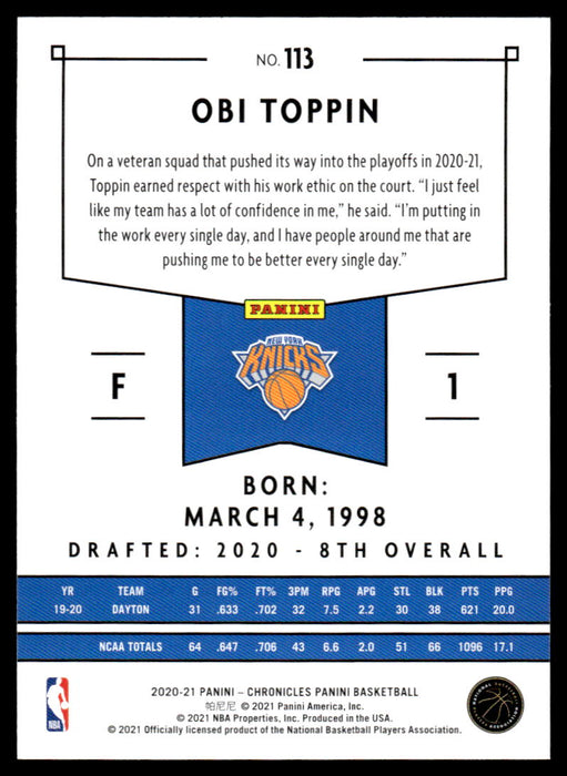 Obi Toppin 2020 Panini Chronicles Basketball Green Panini Back of Card