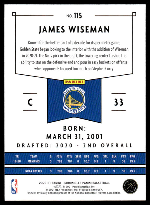 James Wiseman 2020 Panini Chronicles Basketball Green Panini Back of Card