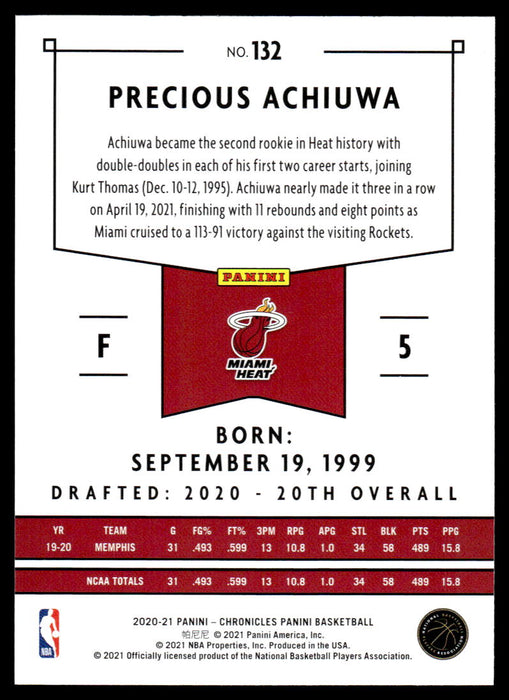 Precious Achiuwa 2020 Panini Chronicles Basketball Green Panini Back of Card