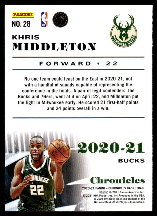 Khris Middleton 2020 Panini Chronicles Basketball Chronicles Back of Card