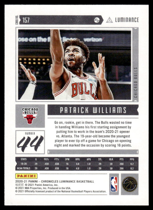 Patrick Williams 2020 Panini Chronicles Basketball Green Luminance Back of Card