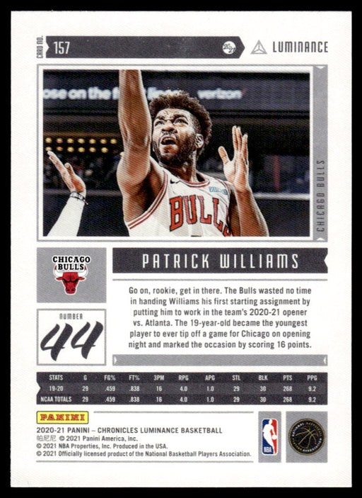 Patrick Williams 2020 Panini Chronicles Basketball Green Luminance Back of Card