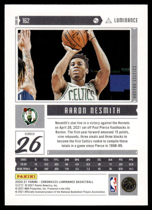 Aaron Nesmith 2020 Panini Chronicles Basketball Green Luminance Back of Card