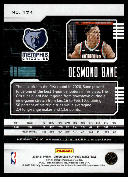 Desmond Bane 2020 Panini Chronicles Basketball Green Playbook Back of Card