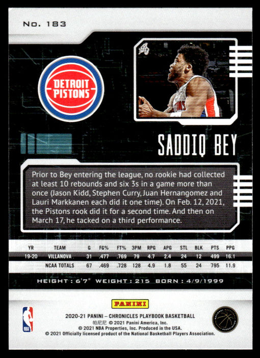 Saddiq Bey 2020 Panini Chronicles Basketball Green Playbook Back of Card