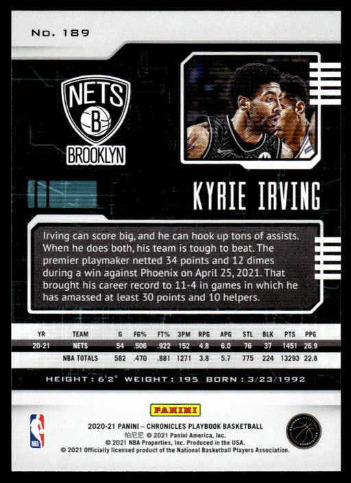 Kyrie Irving 2020 Panini Chronicles Basketball Green Playbook Back of Card